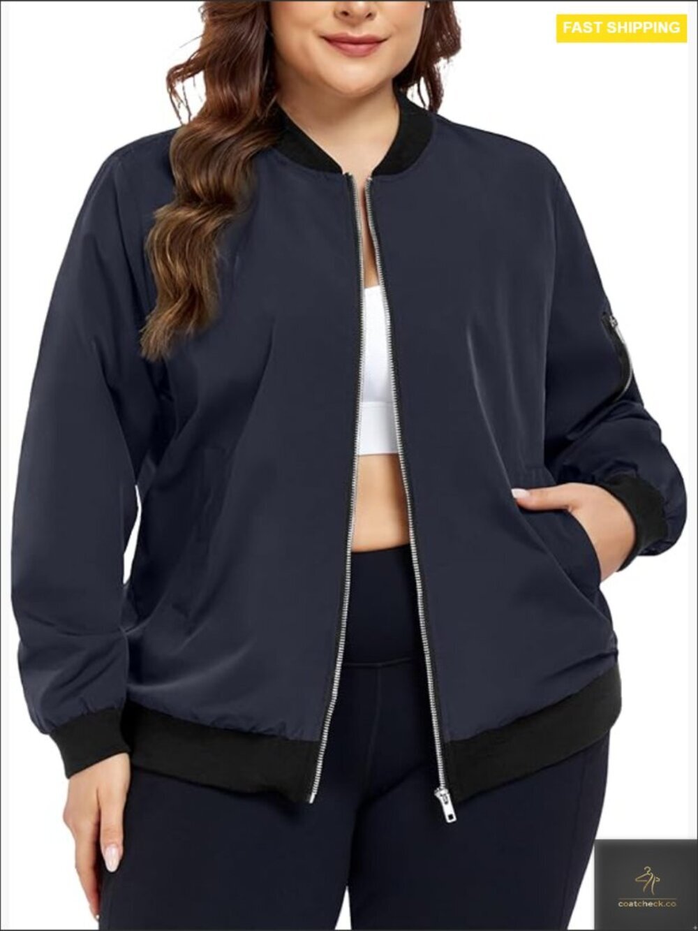 Plus Size Bomber Jacket Zip Up Lightweight Cropped Windbreaker with Pockets